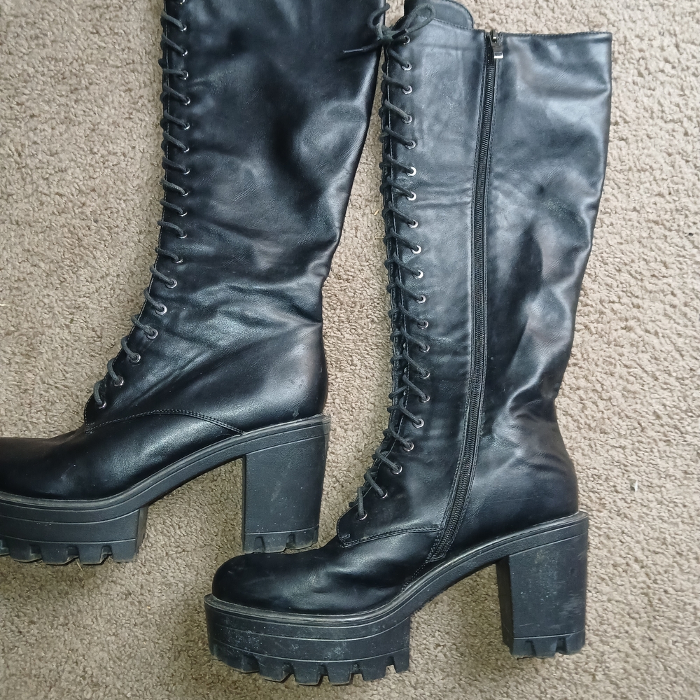 Black Lace-Up Knee-High Boots